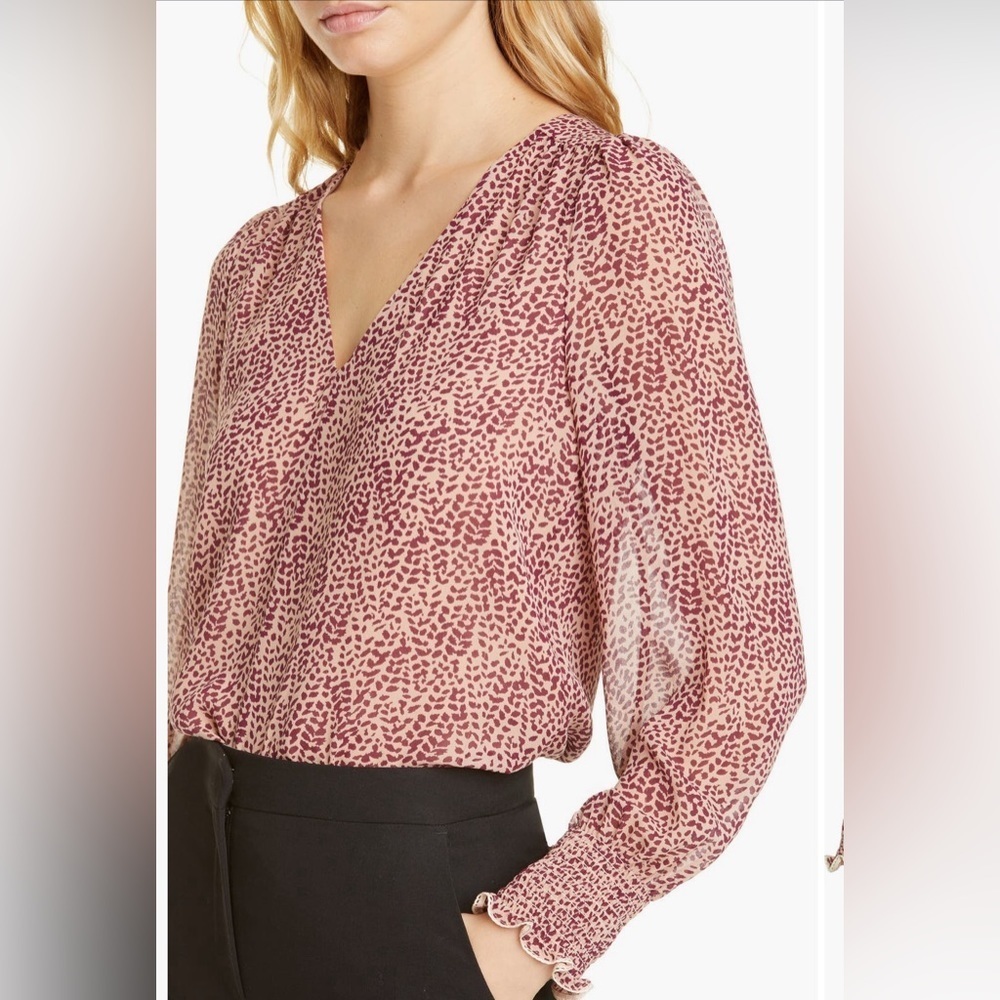 JOIE Bolona 100% Silk Puff-Sleeve Blouse in Tan and maroon